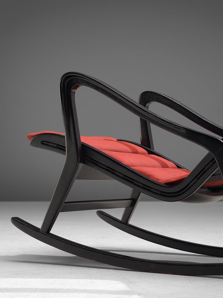 Studio Cassina '572 Rocking' Chair in Ebonized Wood and Red Upholstery