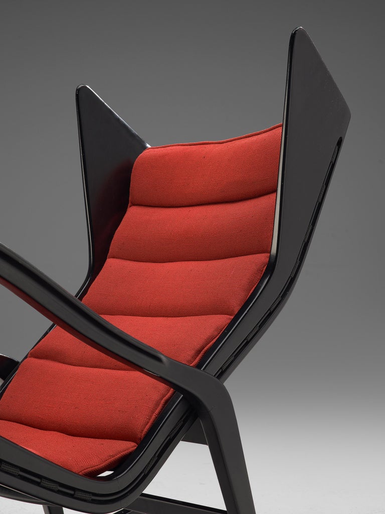 Studio Cassina '572 Rocking' Chair in Ebonized Wood and Red Upholstery