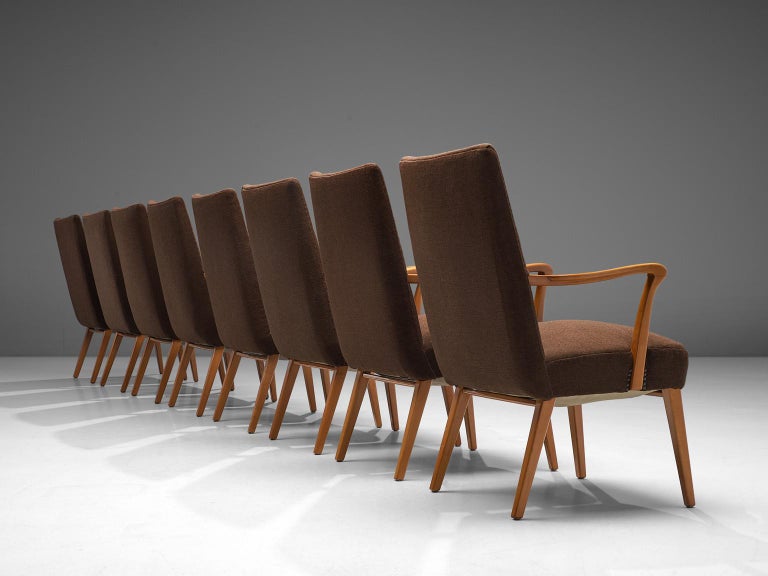 Danish Set of Eight Armchairs in Brown Upholstery and Stained Wood