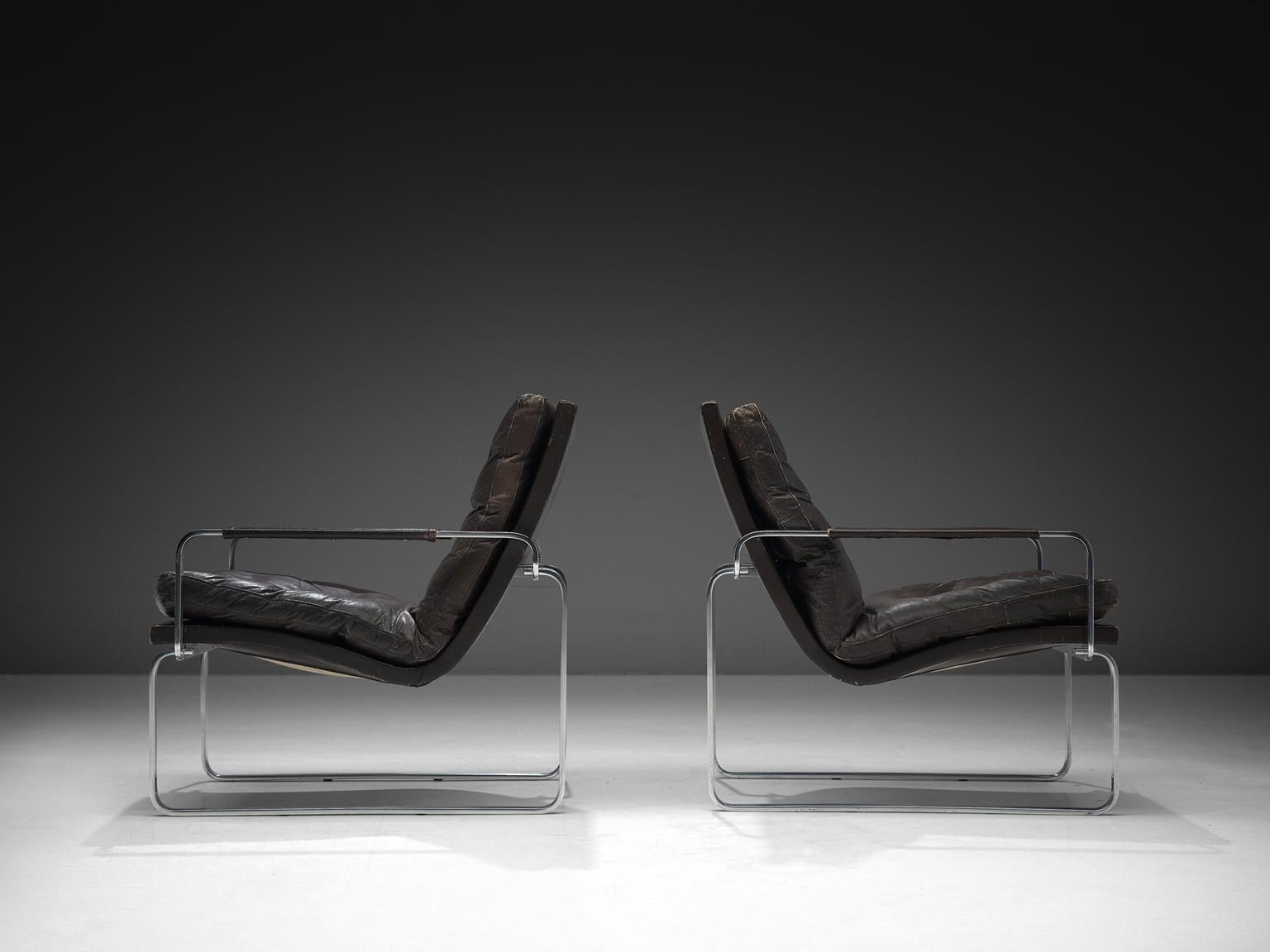 Jørgen Lund & Ole Larsen Pair of Easy Chairs in Dark Brown Leather