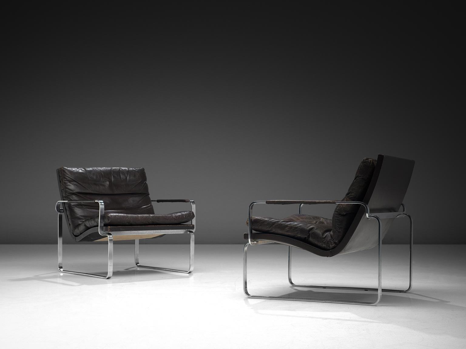 Jørgen Lund & Ole Larsen Pair of Easy Chairs in Dark Brown Leather