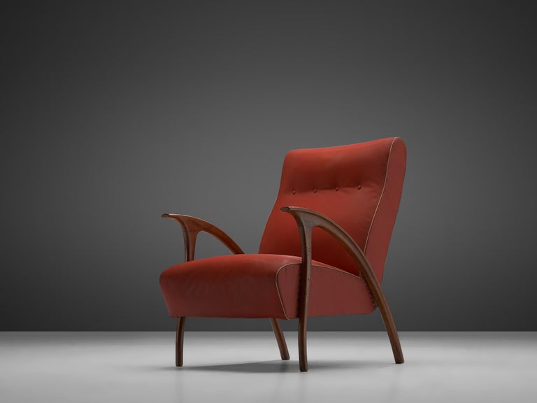 Italian Easy Chair in Walnut and Red Leatherette