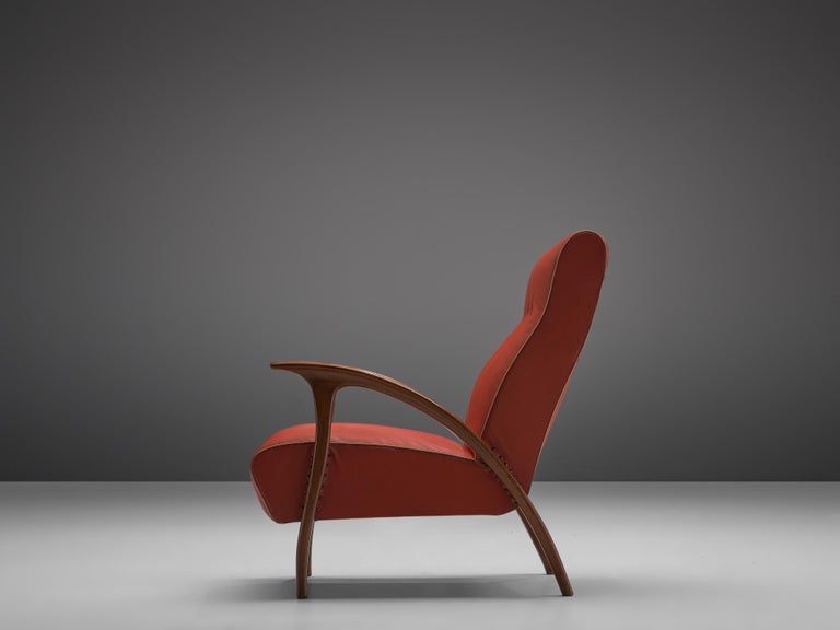 Italian Easy Chair in Walnut and Red Leatherette