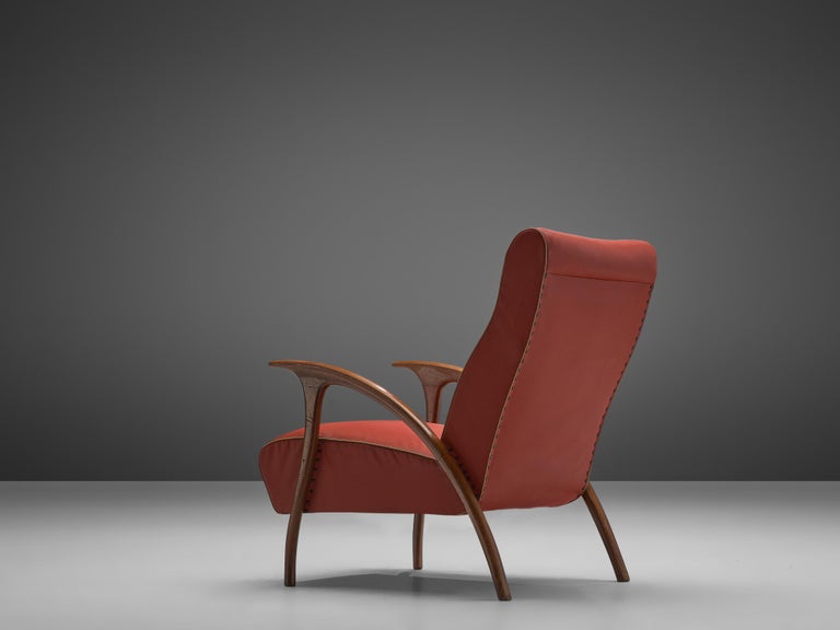 Italian Easy Chair in Walnut and Red Leatherette