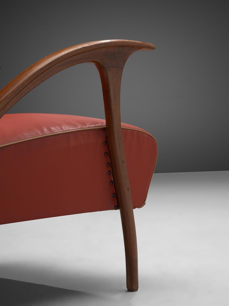 Italian Easy Chair in Walnut and Red Leatherette