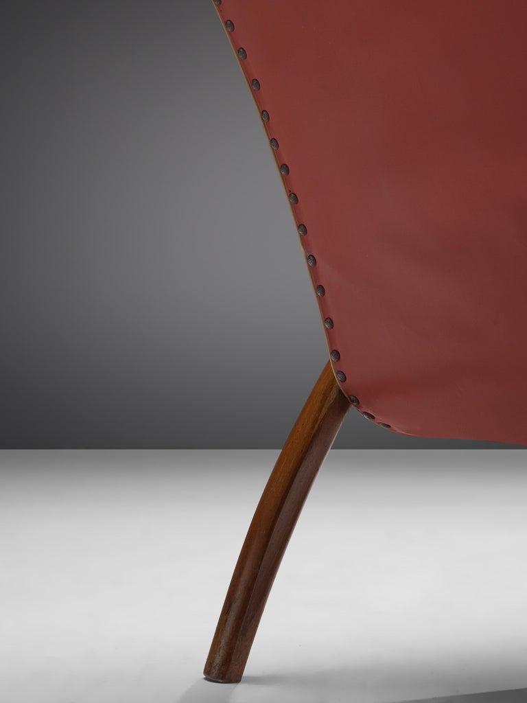 Italian Easy Chair in Walnut and Red Leatherette