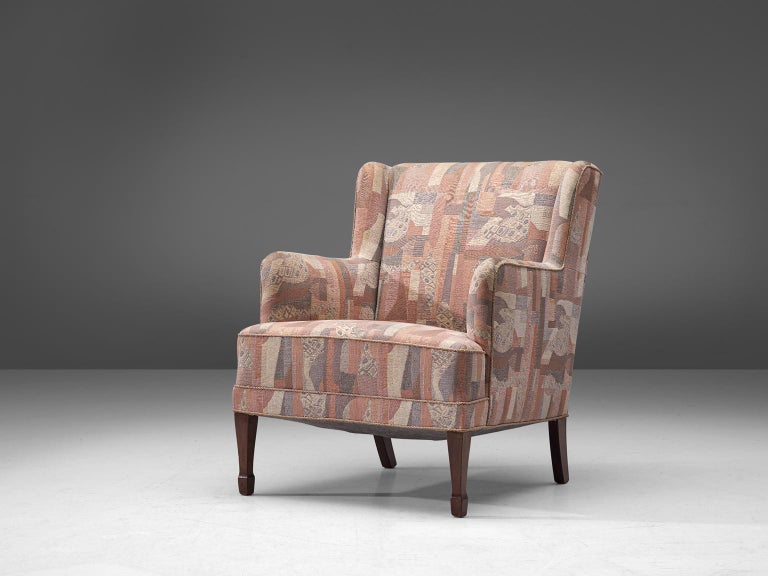 Frits Henningsen Lounge Chair in Patterned Upholstery and Wood