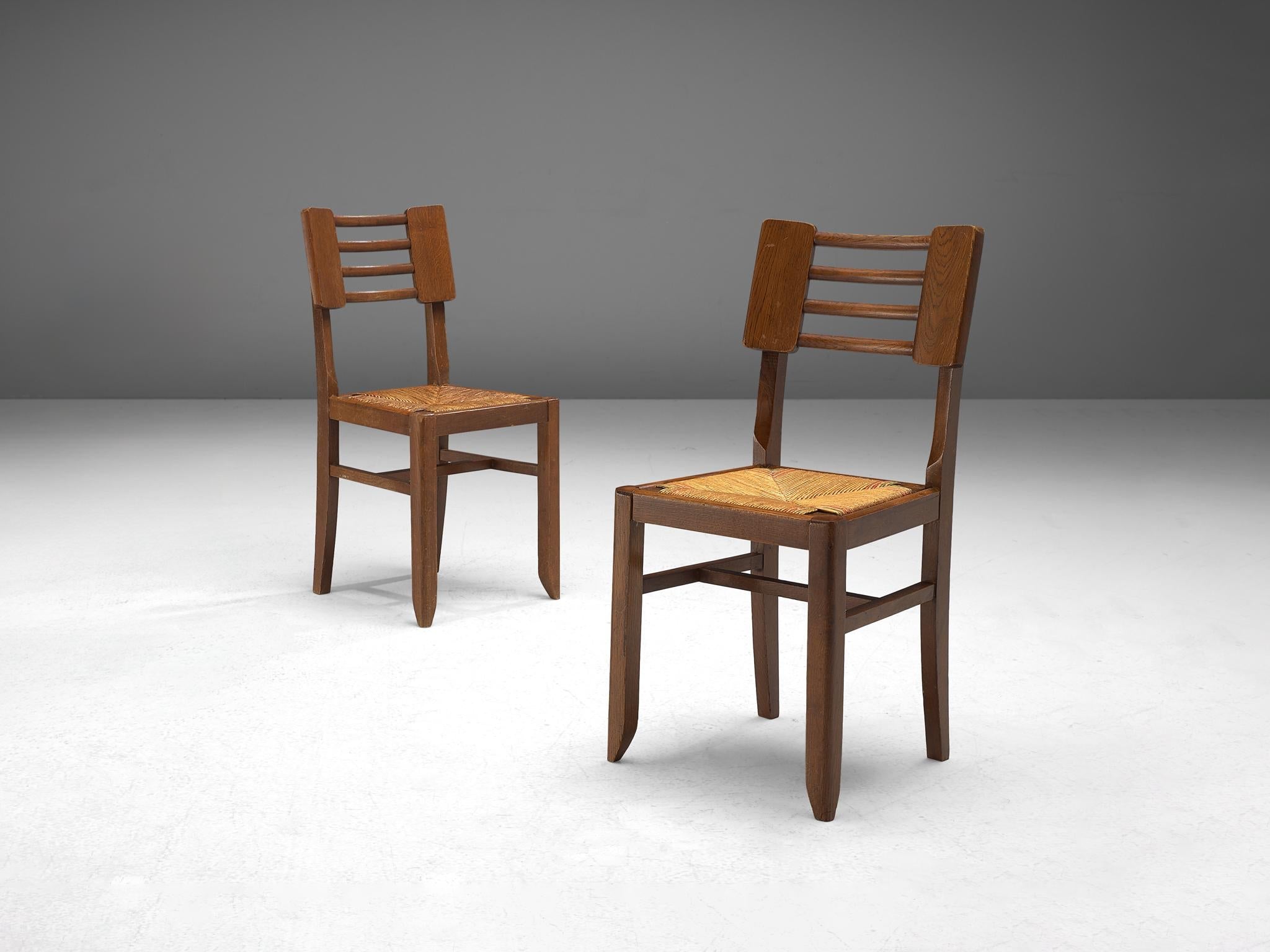 Pierre Cruège Pair of Dining Chairs in Oak and Straw