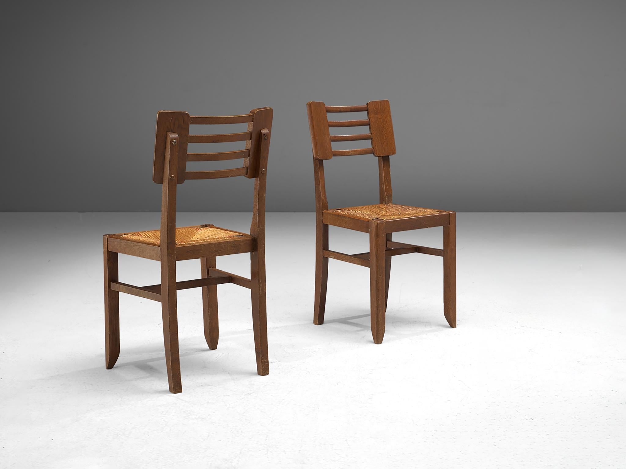 Pierre Cruège Pair of Dining Chairs in Oak and Straw