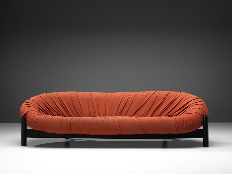 Round Brazilian Sofa in Red Upholstery and Black Wooden Frame