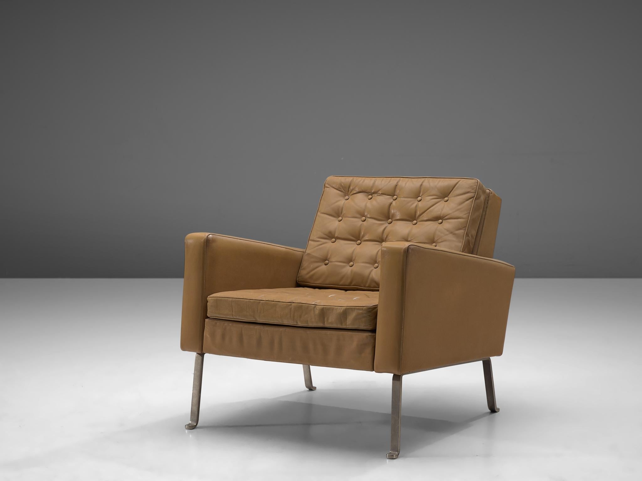 Roland Ranier Easy Chair in Beige Leather and Metal