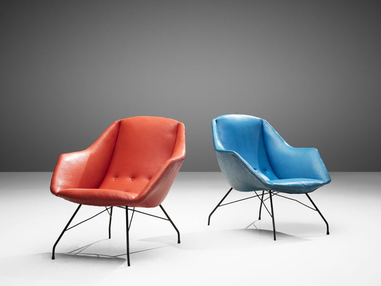 Carlo Hauner and Martin Eisler Lounge Chairs in Blue and Red Upholstery