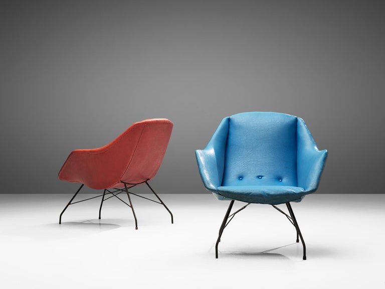 Carlo Hauner and Martin Eisler Lounge Chairs in Blue and Red Upholstery