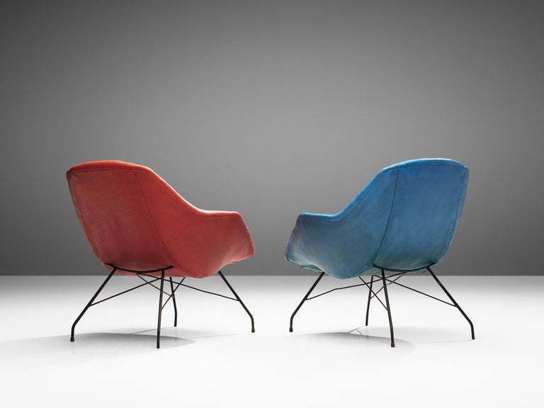 Carlo Hauner and Martin Eisler Lounge Chairs in Blue and Red Upholstery