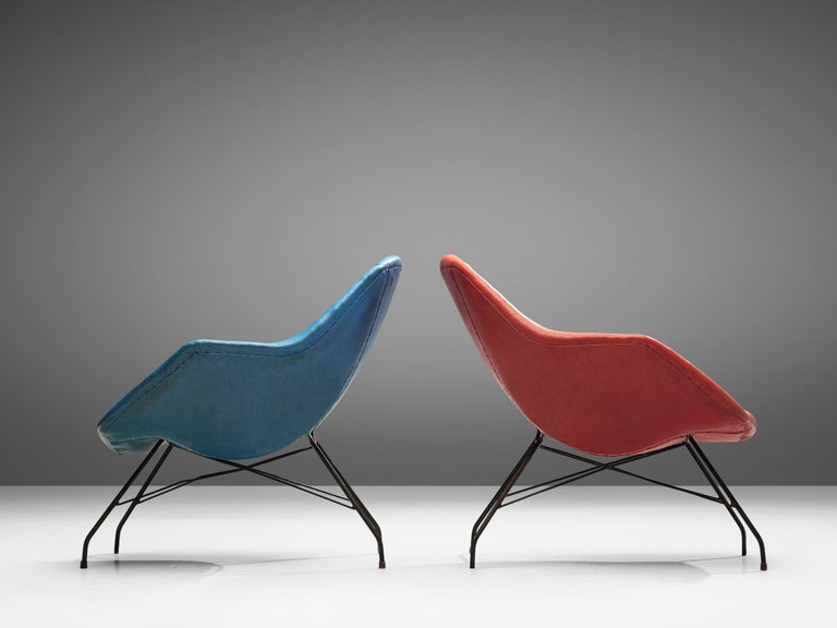 Carlo Hauner and Martin Eisler Lounge Chairs in Blue and Red Upholstery