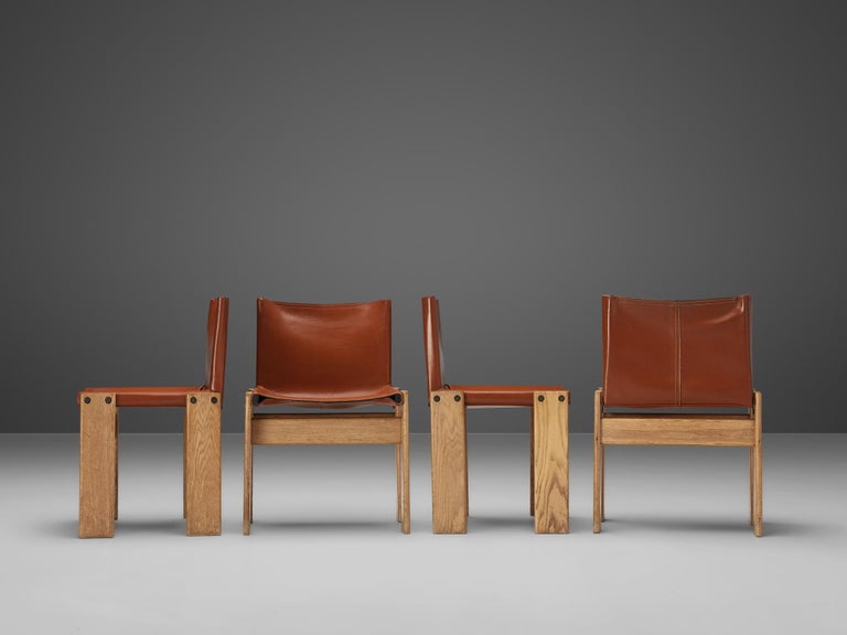 Afra & Tobia Scarpa Set of Four 'Monk' Dining Chairs in Red Leather and Ash