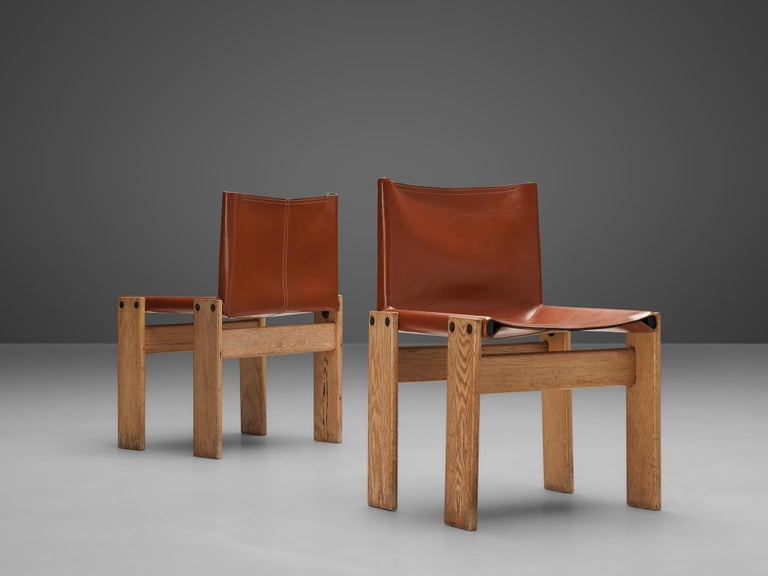 Afra & Tobia Scarpa Set of Four 'Monk' Dining Chairs in Red Leather and Ash