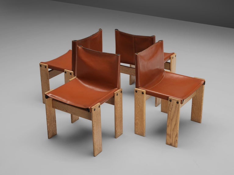 Afra & Tobia Scarpa Set of Four 'Monk' Dining Chairs in Red Leather and Ash