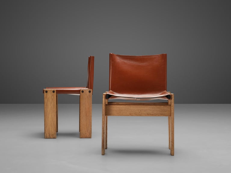 Afra & Tobia Scarpa Set of Four 'Monk' Dining Chairs in Red Leather and Ash