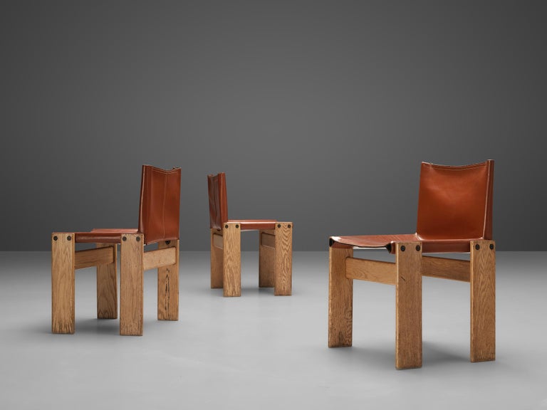 Afra & Tobia Scarpa Set of Four 'Monk' Dining Chairs in Red Leather and Ash