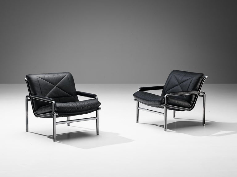 Andre Vandenbeuck for Strässle 'Aluline' Lounge Chairs in Black Leather Metal