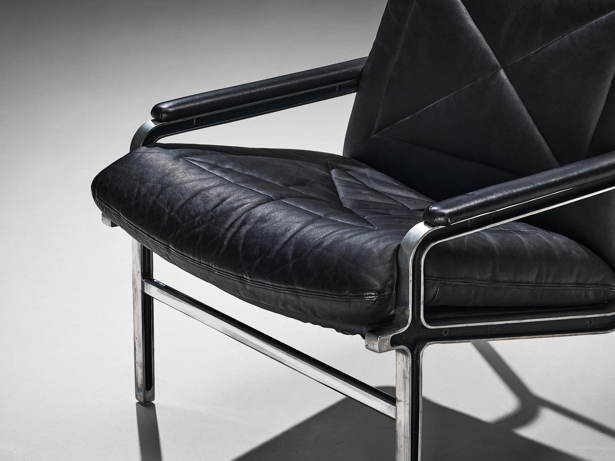 Andre Vandenbeuck for Strässle Aluline Lounge Chair in Black Leather Metal
