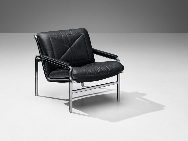 Andre Vandenbeuck for Strässle 'Aluline' Lounge Chairs in Black Leather Metal