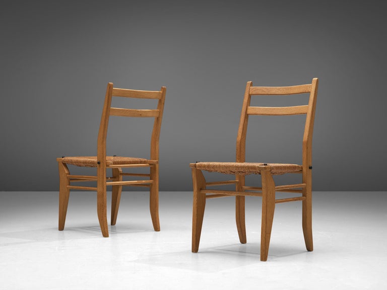 Guillerme & Chambron Set of Four Dining Chairs in Oak with Rush Seats