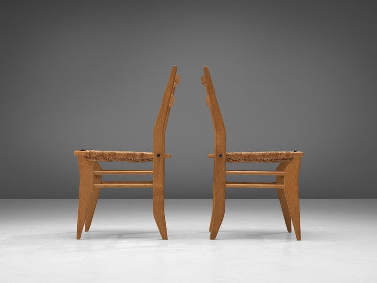 Guillerme & Chambron Set of Four Dining Chairs in Oak with Rush Seats