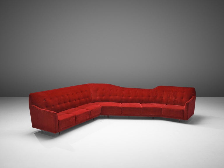 Italian Corner Sofa in Bright Red Velvet