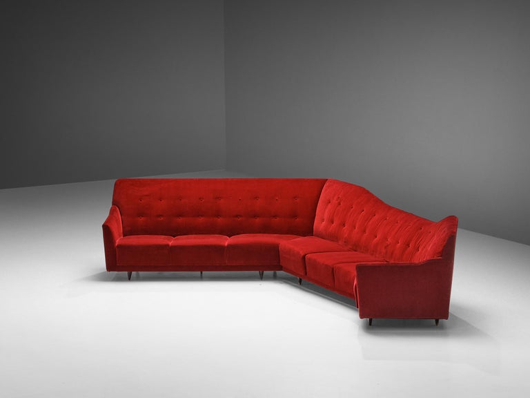 Italian Corner Sofa in Bright Red Velvet