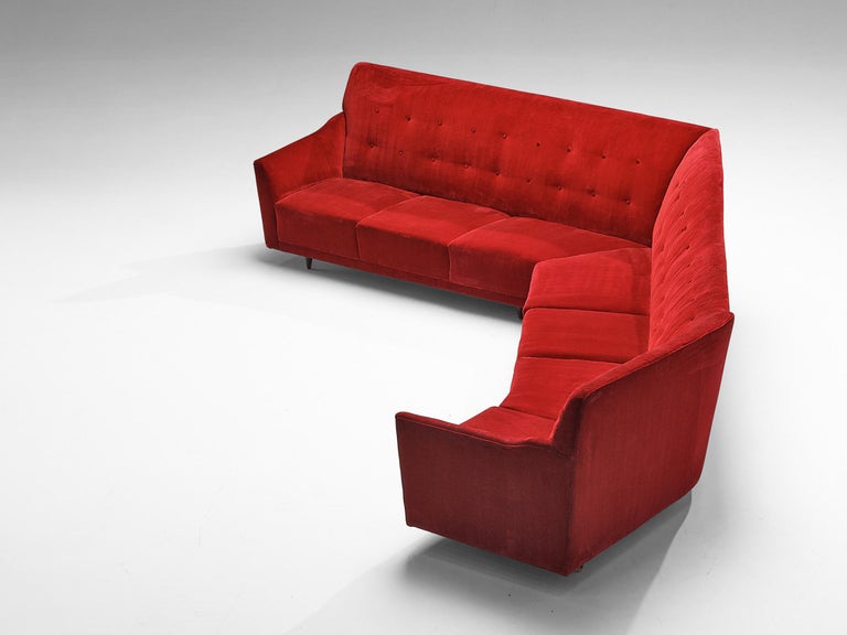 Italian Corner Sofa in Bright Red Velvet