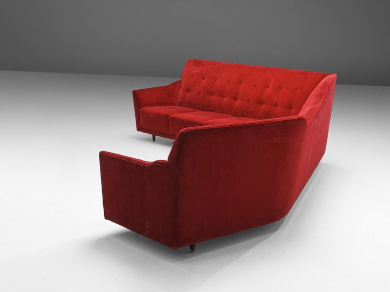 Italian Corner Sofa in Bright Red Velvet