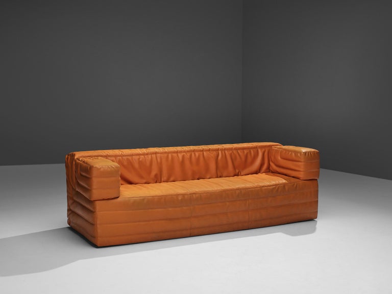 Post-Modern Italian Cubic Three Seat Sofa in Orange Leatherette