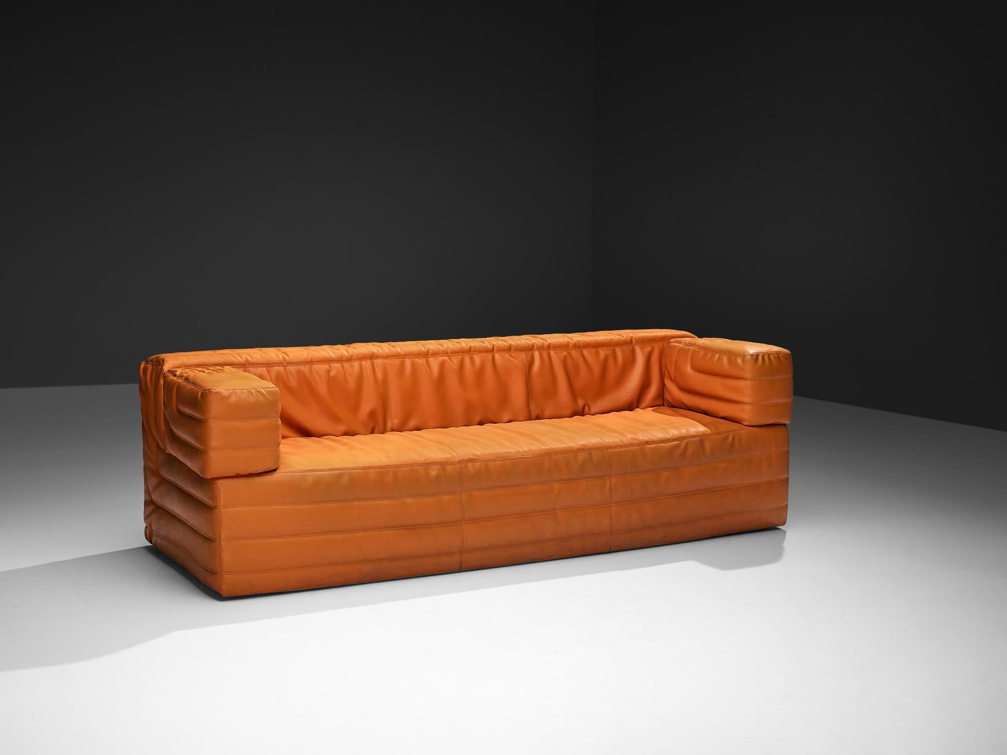 Post-Modern Italian Cubic Three Seat Sofa in Orange Upholstery