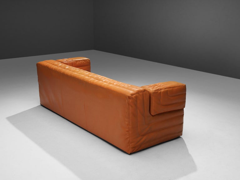 Post-Modern Italian Cubic Three Seat Sofa in Orange Leatherette