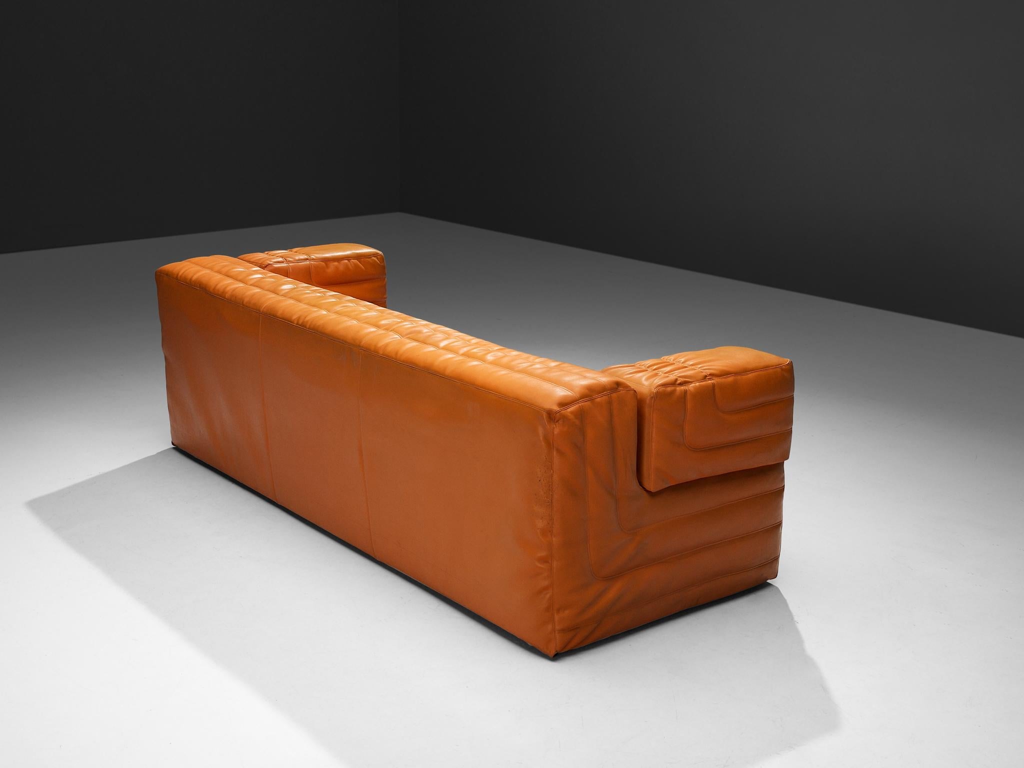 Post-Modern Italian Cubic Three Seat Sofa in Orange Upholstery