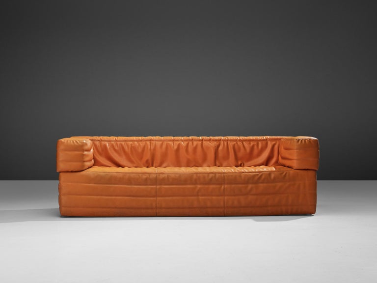 Post-Modern Italian Cubic Three Seat Sofa in Orange Leatherette