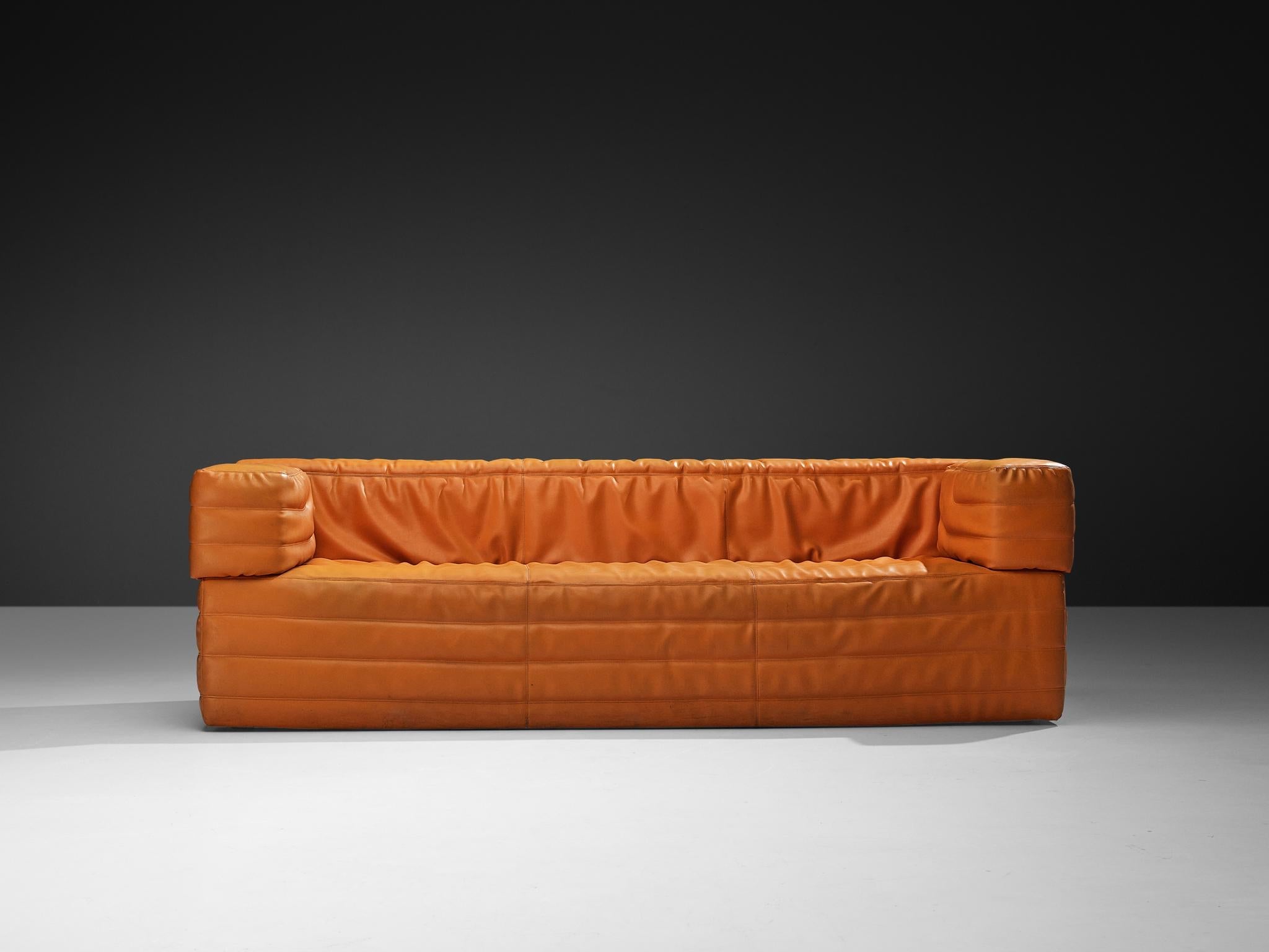 Post-Modern Italian Cubic Three Seat Sofa in Orange Upholstery