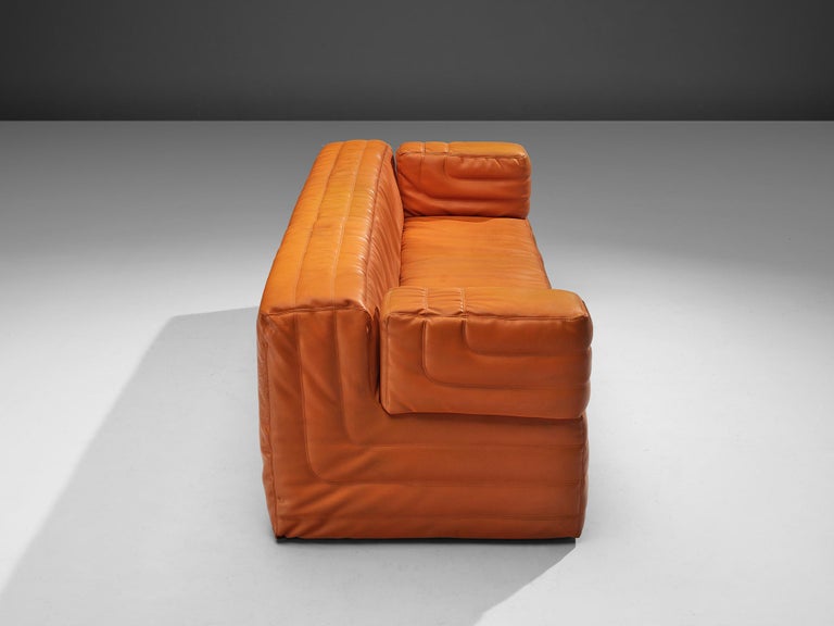 Post-Modern Italian Cubic Three Seat Sofa in Orange Leatherette