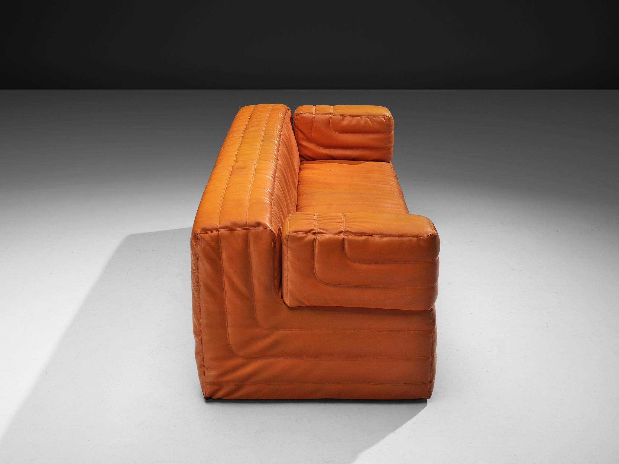 Post-Modern Italian Cubic Three Seat Sofa in Orange Upholstery