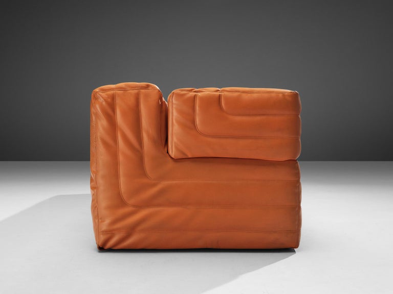 Post-Modern Italian Cubic Three Seat Sofa in Orange Leatherette