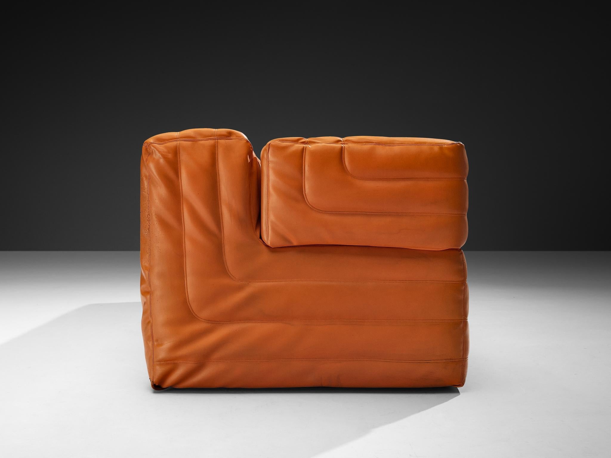 Post-Modern Italian Cubic Three Seat Sofa in Orange Upholstery