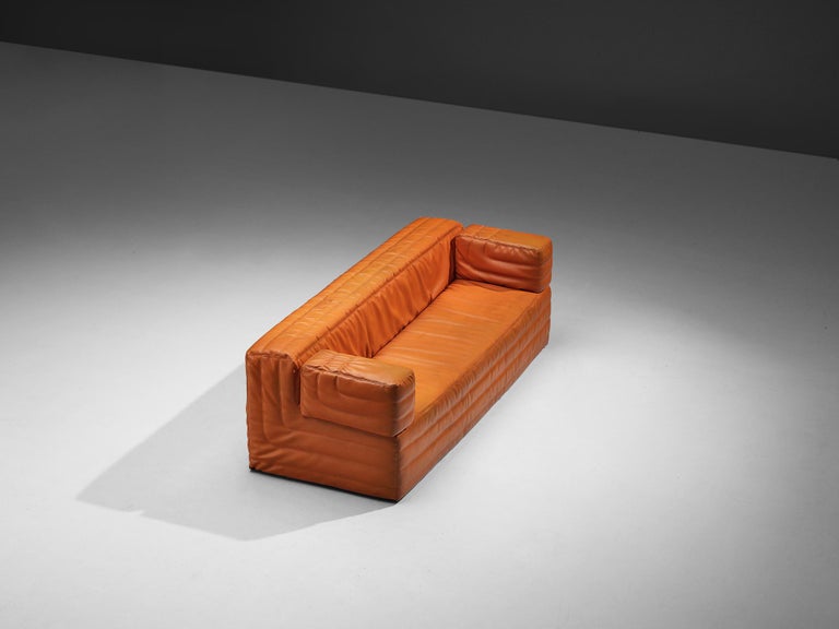 Post-Modern Italian Cubic Three Seat Sofa in Orange Leatherette