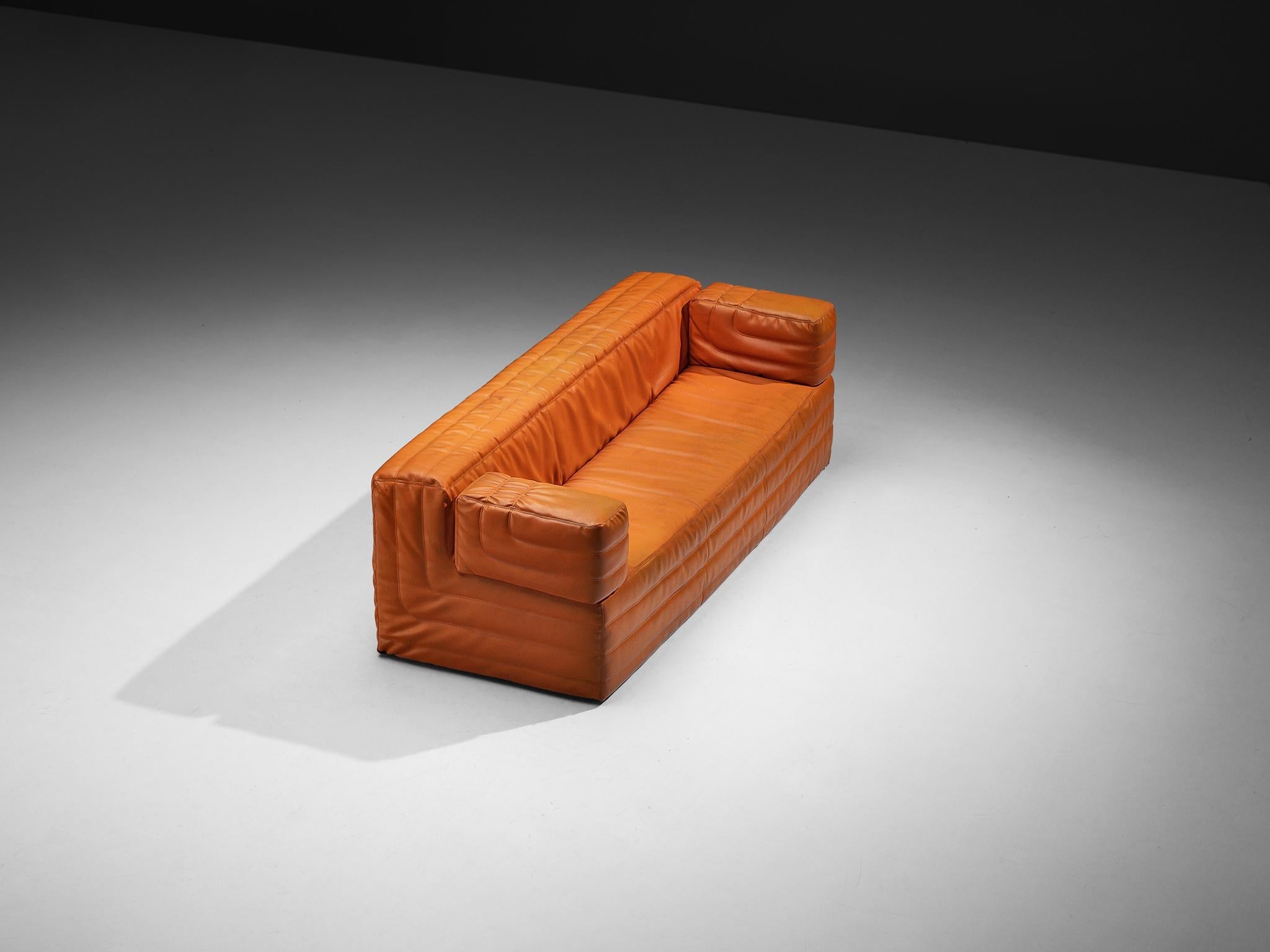 Post-Modern Italian Cubic Three Seat Sofa in Orange Upholstery