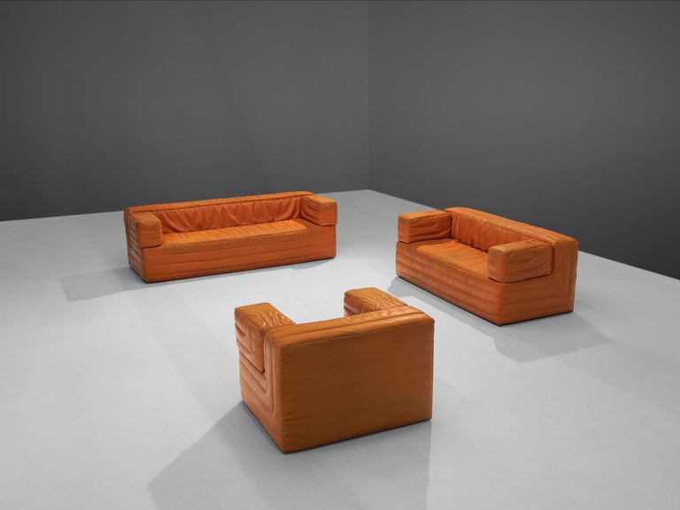 Post-Modern Italian Cubic Three Seat Sofa in Orange Leatherette