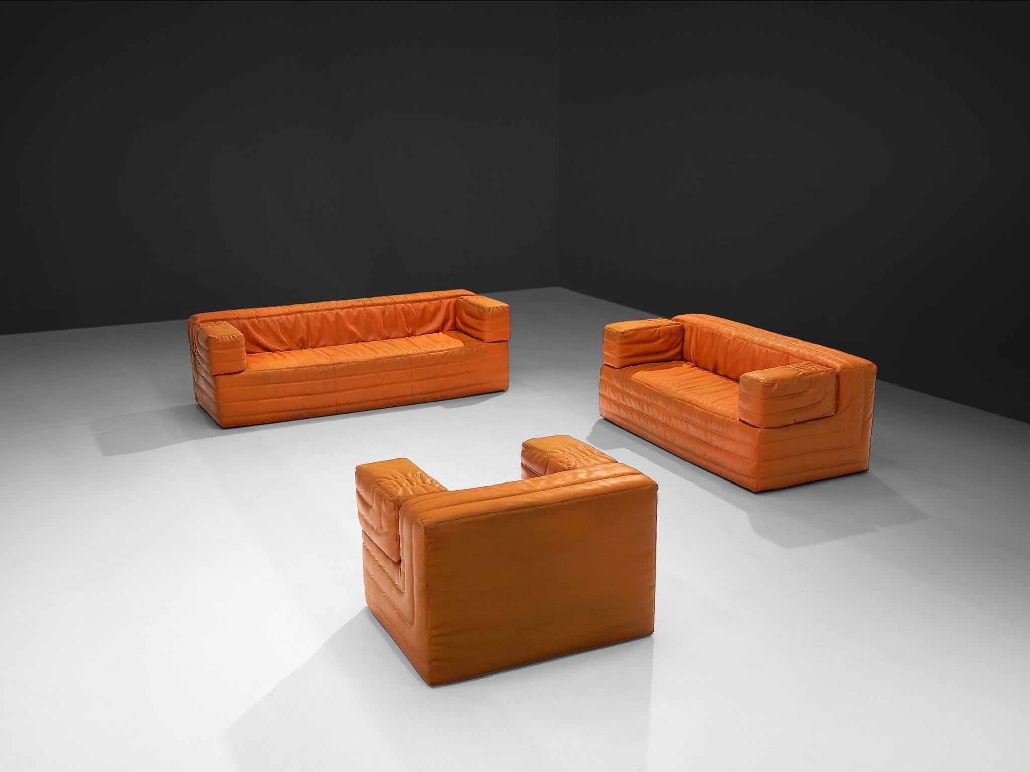 Post-Modern Italian Cubic Three Seat Sofa in Orange Upholstery