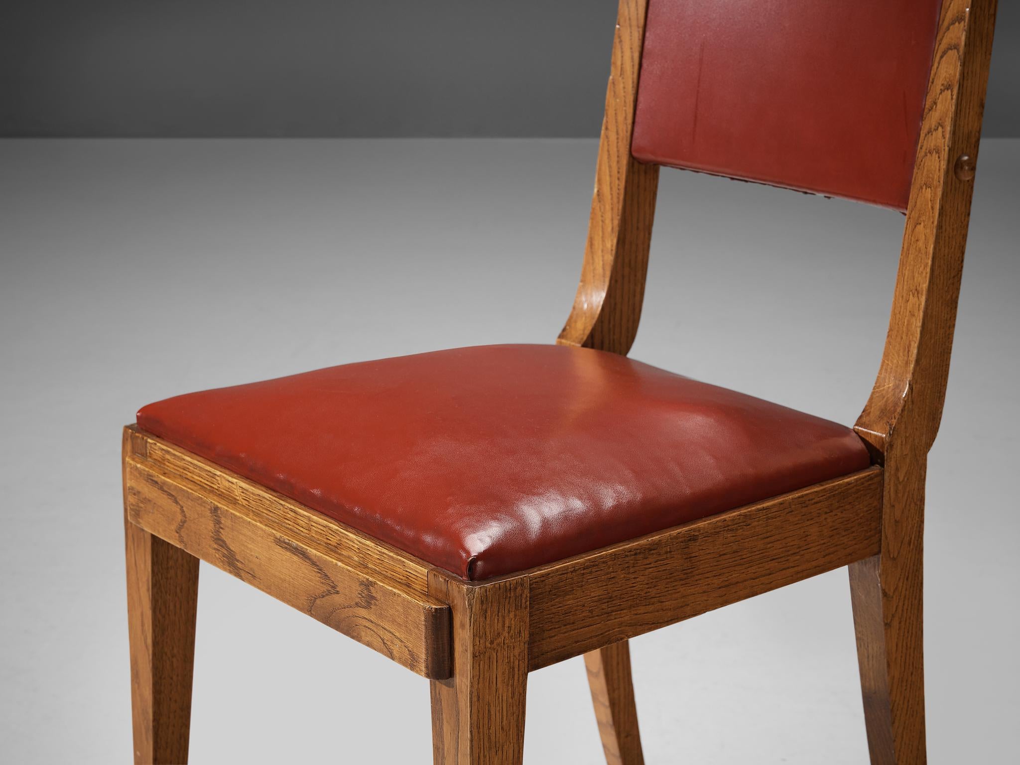 French Art Deco Pair of Dining Chairs in Oak and Red Upholstery