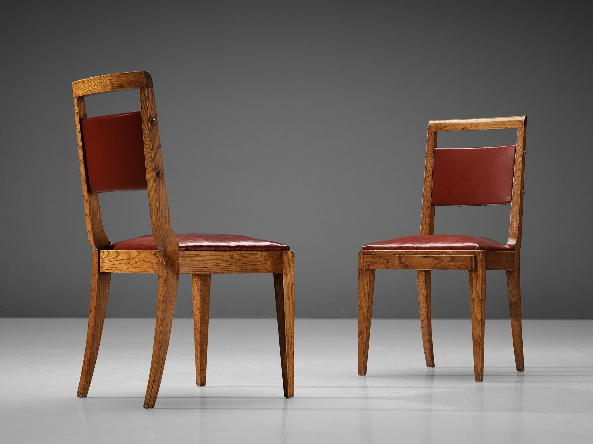 French Art Deco Pair of Dining Chairs in Oak and Red Upholstery