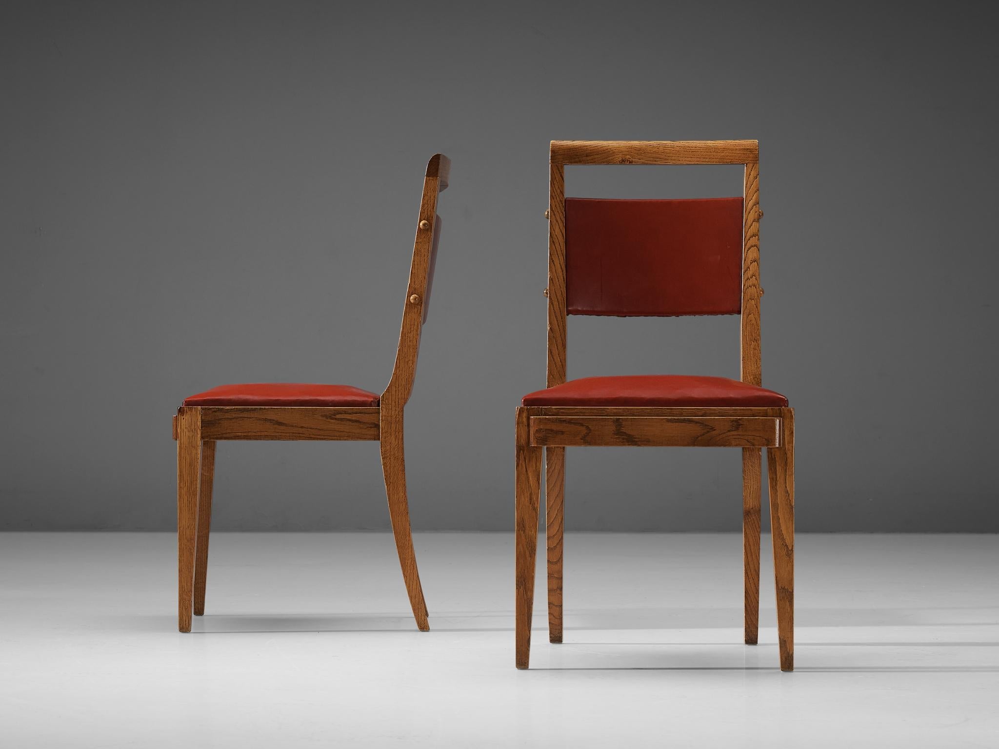 French Art Deco Pair of Dining Chairs in Oak and Red Upholstery